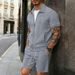 Men's Casual Solid Color Zipper Collar Short Sleeve Shirt Set Inelastic Loose Fit For Summer_viptrois.com