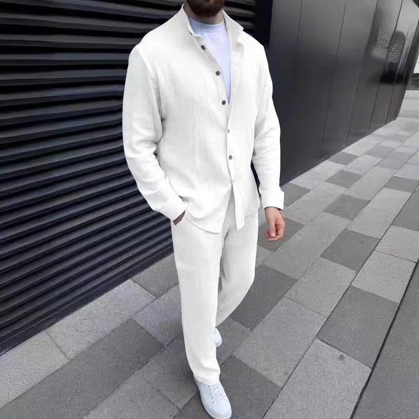 Sports Suit Trendy Solid Color Cardigan Sleeve Long Pants Two-Piece Set Mature Casual Men's Outfit_viptrois.com