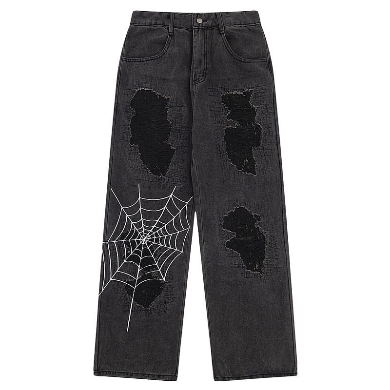 Men's Clothing American Vibe Retro Spider Web Embroidered Ripped Patch Jeans For Men And Women High Street Loose Wide Leg Straight Trousers_viptrois.com