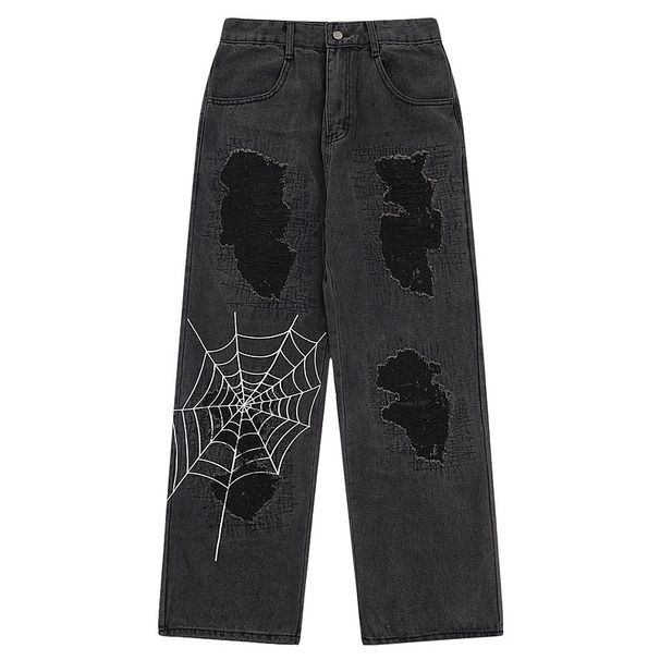 Men's Clothing American Vibe Retro Spider Web Embroidered Ripped Patch Jeans For Men And Women High Street Loose Wide Leg Straight Trousers_viptrois.com