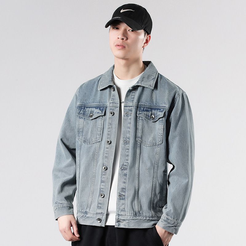 LKTM Men's Vintage Washed Moonlight Blue Denim Jacket American Style Casual Coat Streetwear Essential_viptrois.com