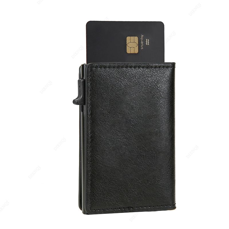 Men's Short Mini Wallet Tri Fold RFID Business Card Holder Wallet Automatic Card Eject Metal Card Holder_viptrois.com