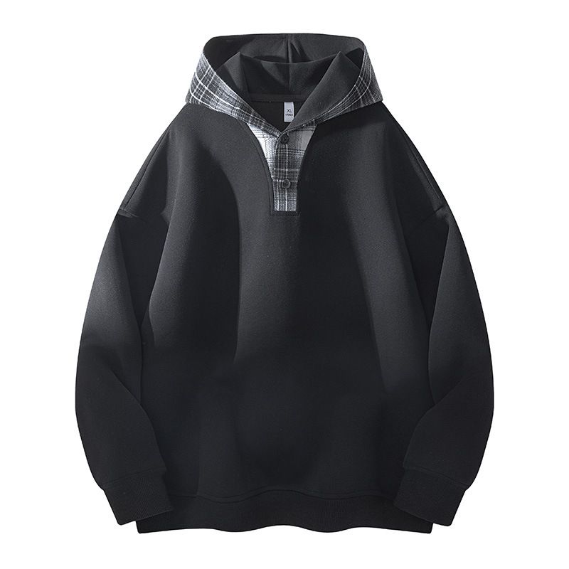 Men's Clothing Customized Japanese Plaid Polo Collar Hooded Sweatshirt Men's Lazy Style Loose Pullover Jacket_viptrois.com