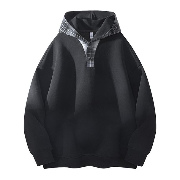 Men's Clothing Customized Japanese Plaid Polo Collar Hooded Sweatshirt Men's Lazy Style Loose Pullover Jacket_viptrois.com