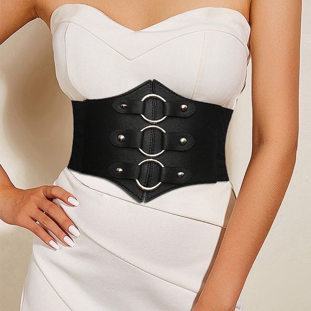 Women's Ultra-Wide Waist Belt Black Punk Rock Nightclub Accessory With Circle Decoration For Dresses_viptrois.com