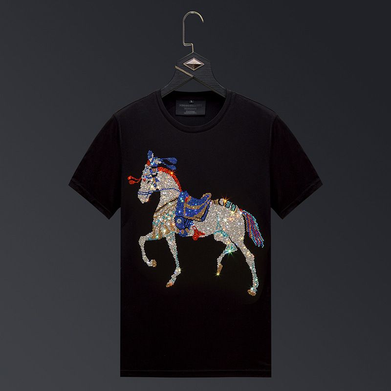 Hot Diamond T-shirt Men's Short Sleeve 2024 New War Horse Ice Silk Clothes Men's Trendy Brand Trendy T-shirt Men's Large Size_viptrois.com