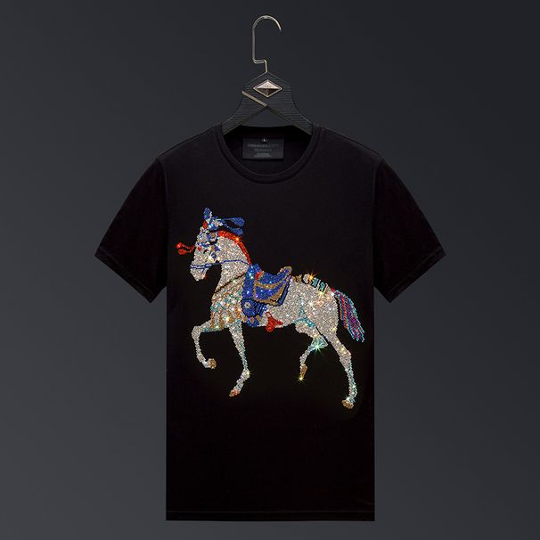 Hot Diamond T-shirt Men's Short Sleeve 2024 New War Horse Ice Silk Clothes Men's Trendy Brand Trendy T-shirt Men's Large Size_viptrois.com