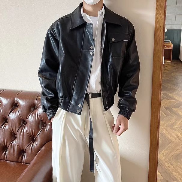 Men's Clothing Trendy, Niche, Minimalist, High End PU Leather Jacket For Men, Retro, Stylish, Motorcycle Inspired, Casual Jacket Top._viptrois.com