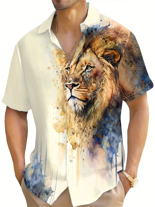 Men's Clothing Casual Versatile Fashion Trend Men's Short Sleeved Button Down Shirt Personality Pattern Printing_viptrois.com