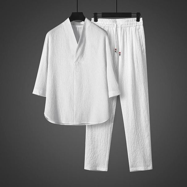 Men's Clothing New Thin Casual Sports Suit Men's Summer High End V Neck Slim Fit Three Quarter Sleeves Two Piece Suit_viptrois.com