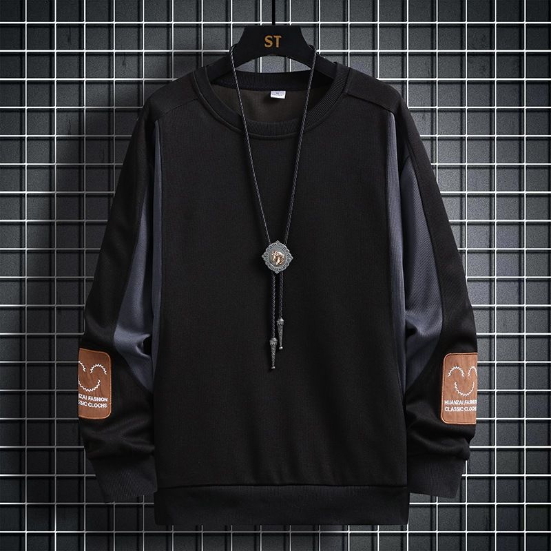 Men's Oversized Casual Sweatshirt Long Sleeve Round Neck Pullover Top With Patchwork Design For Spring Autumn Daily Wear_viptrois.com