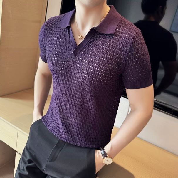 Men's Knitted Hollow V-Neck Polo Shirt - Summer Thin & Breathable | Slim Fit Lapel Design | High-End Fashion Knitwear_viptrois.com