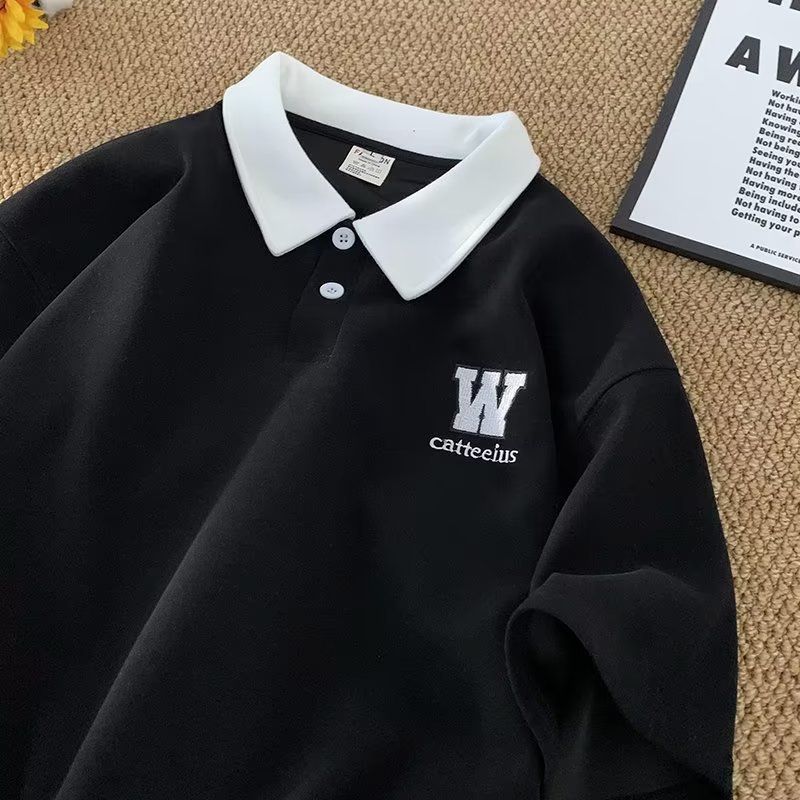 Men's Short Sleeve Polo Shirt Summer Loose Fit Embroidered Heavyweight Pure Cotton Youth College Style Color Blocking T-Shirt_viptrois.com