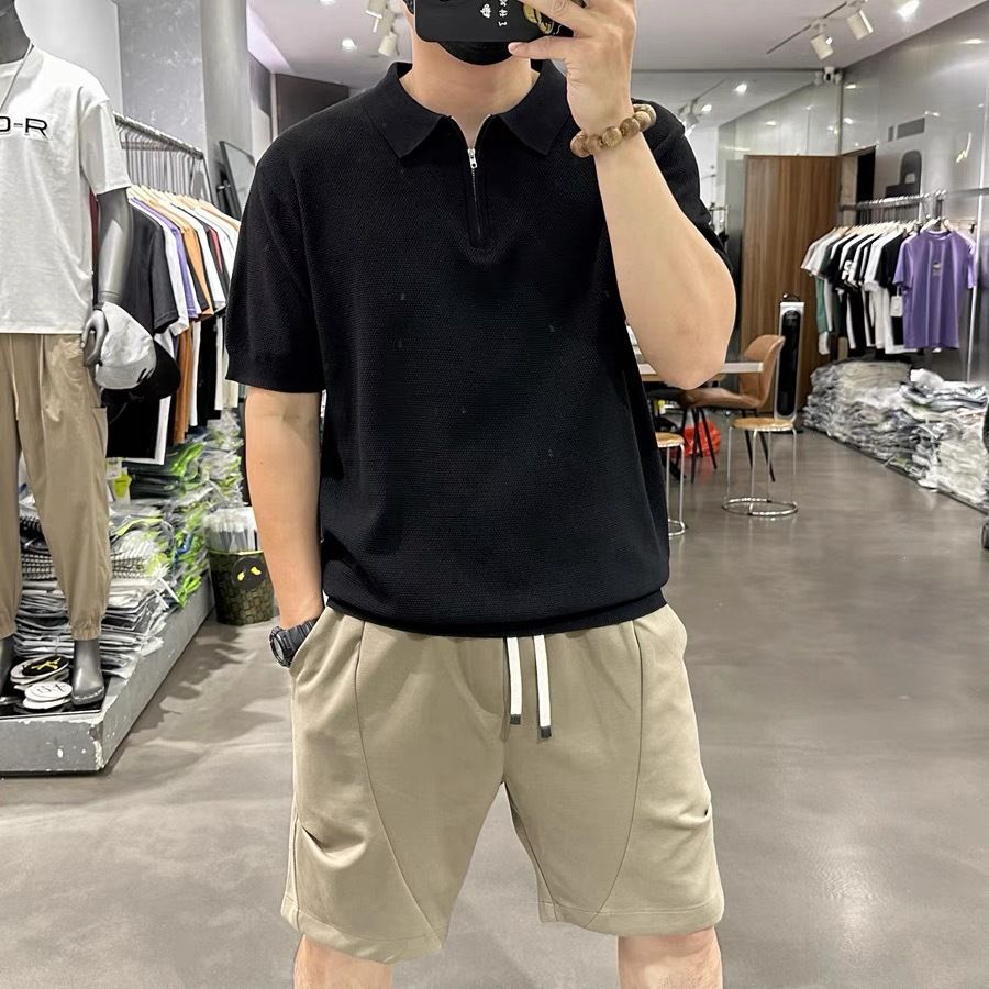Men's Clothing Summer Lapel Polo Shirt Zipper Casual Half Sleeve Sports Fitness Solid Color Breathable Fashion Versatile Short Sleeved Top_viptrois.com