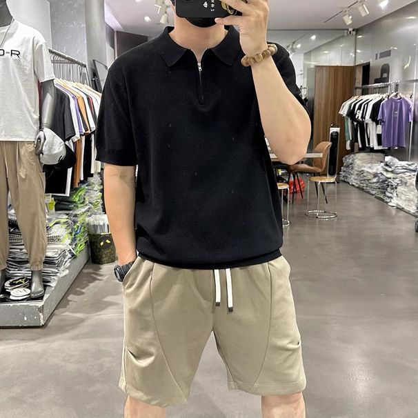 Men's Clothing Summer Lapel Polo Shirt Zipper Casual Half Sleeve Sports Fitness Solid Color Breathable Fashion Versatile Short Sleeved Top_viptrois.com