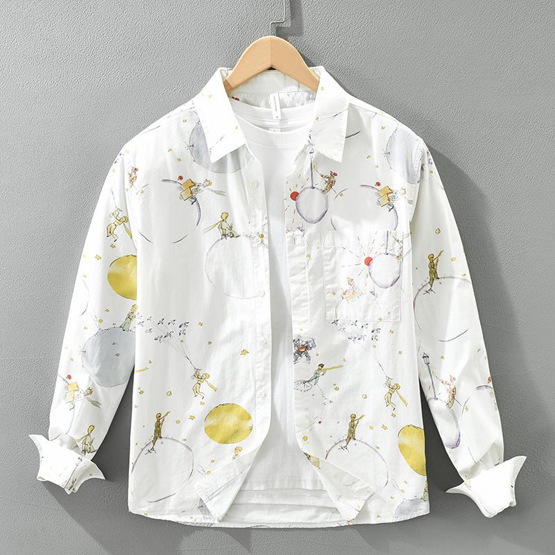 Cartoon Printed Long Sleeved Shirt For Men, Fashionable And Versatile, Artistic And Casual Loose Top_viptrois.com