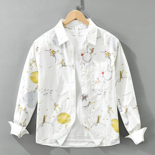 Cartoon Printed Long Sleeved Shirt For Men, Fashionable And Versatile, Artistic And Casual Loose Top_viptrois.com