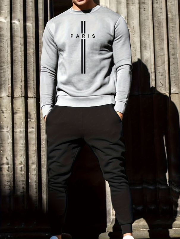 Men's Autumn And Winter Casual Warm Paris Pattern Printed Loose Thick Velvet Round Neck Sports Shirt+sports Pants Set_viptrois.com