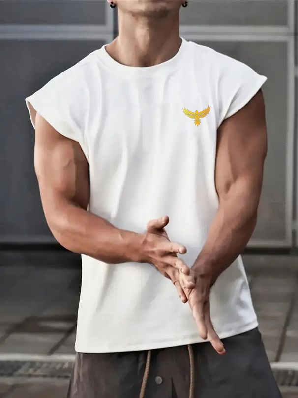 100% Pure Cotton Men's Summer Casual Sports Fitness Loose Eagle Pattern Printed Breathable Round Neck Sleeveless Vest_viptrois.com