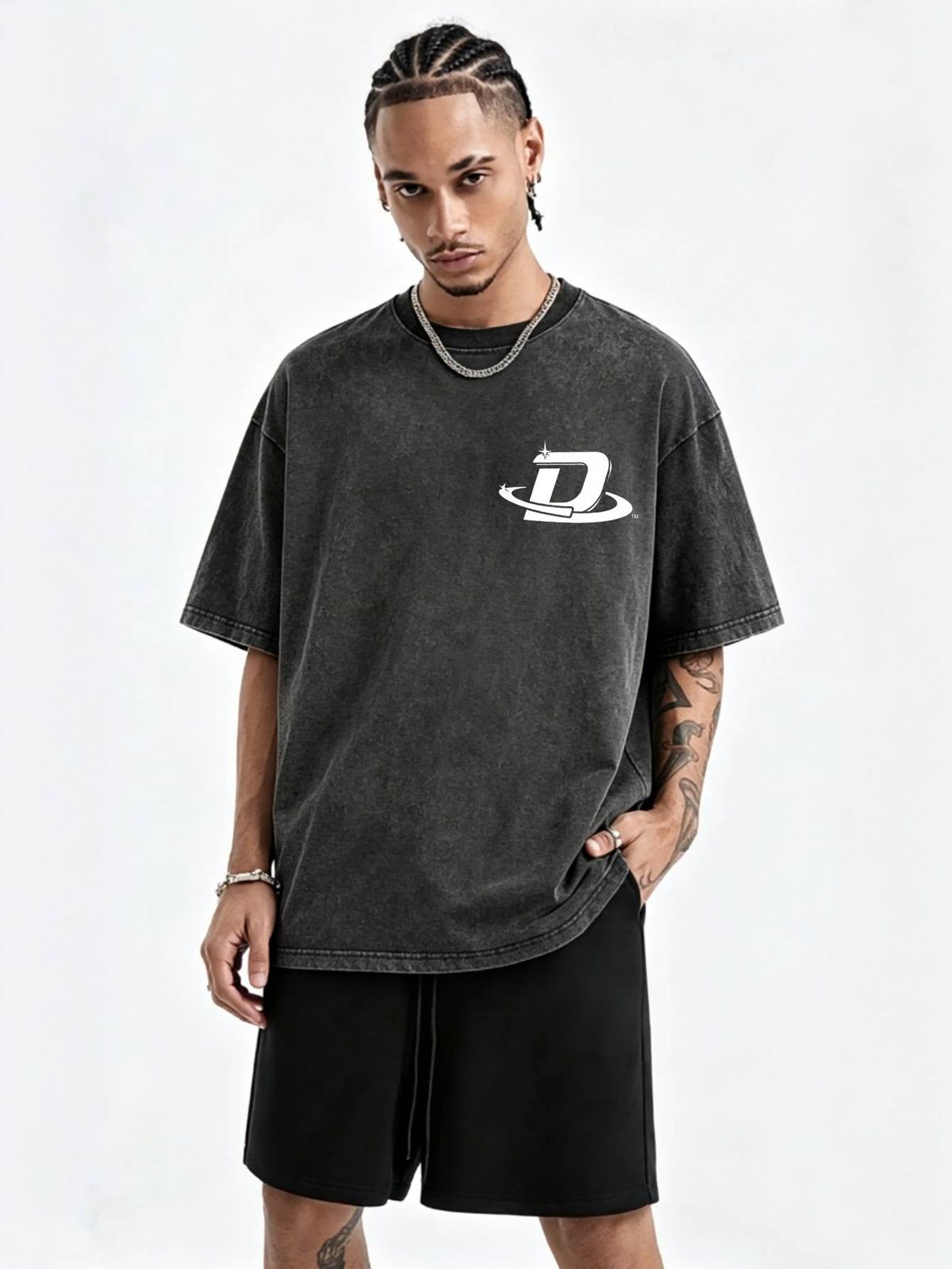 230g Washed Men T-Shirt Star Orbit D Letter Print Short Sleeve Crew Neck Casual Streetwear Top_viptrois.com
