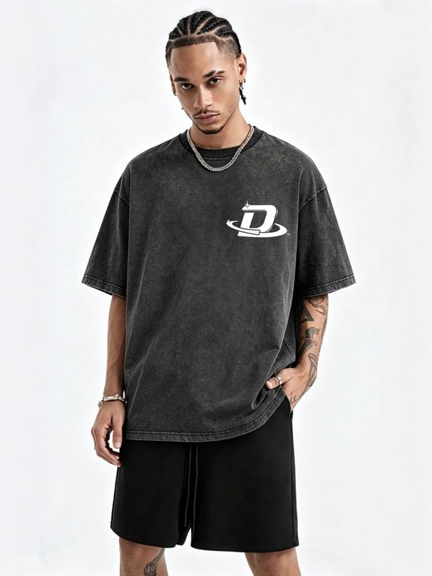 230g Washed Men T-Shirt Star Orbit D Letter Print Short Sleeve Crew Neck Casual Streetwear Top_viptrois.com