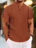 2025 Summer Polyester-cotton Men's Short-sleeved Button-pleated Solid Color V-neck Casual Style Henry Shirt_viptrois.com