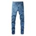 Men's Clothing same style cat whisker wrinkled blue patchwork hole elastic slim fit skinny jeans jeans_viptrois.com