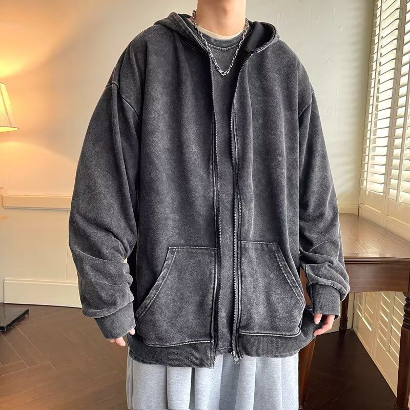Washed And Worn Hoodie, Men's High Street Cardigan Jacket, Trendy Brand Loose Hooded Top_viptrois.com
