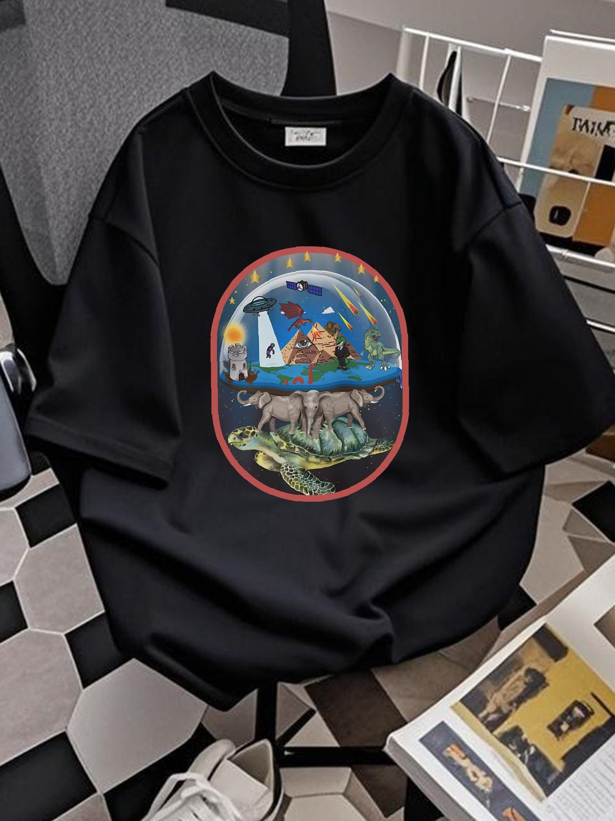 Flat Earth Elephant World Turtle T-SHIRT Aliens UFO Illuminati Tartaria GIFT TEE Stretched Versatile Soft Streetwear Comfortable Graphic_viptrois.com