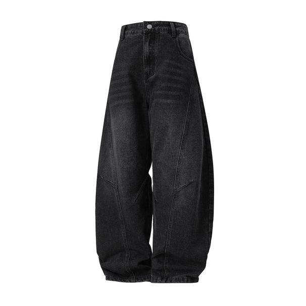 Split Structure Retro Washed Scimitar Jeans For Men, Autumn Style, Trendy Brand, Loose Fit, Casual Straight Long Pants_viptrois.com