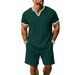 Men's Waffle Knit V-Neck T-Shirt & Shorts Set - Breathable, Comfortable, Casual Summer Outfit (Multiple Colors & Sizes)_viptrois.com