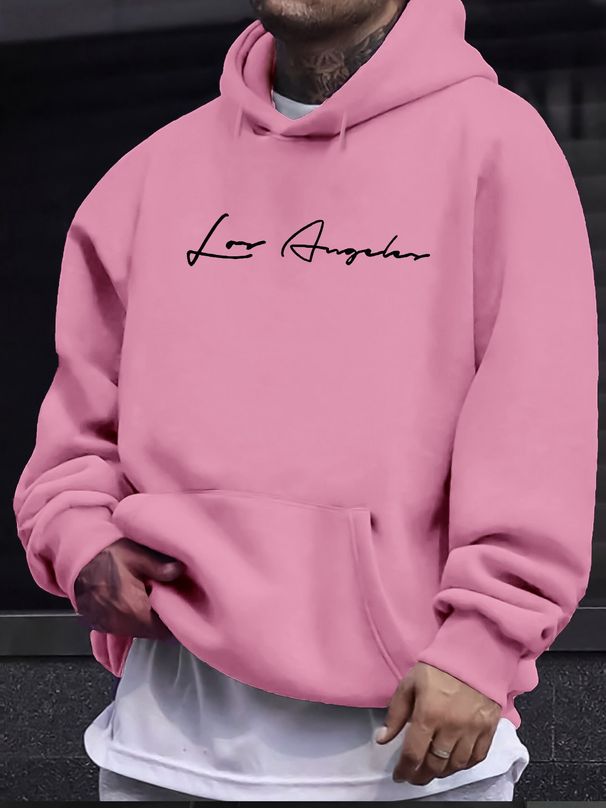 Men's Autumn And Winter Casual Fashionable Loose Hooded Sweatshirt, Simple Los Angeles LA Letter Printed Warm Long Sleeved Pullover_viptrois.com