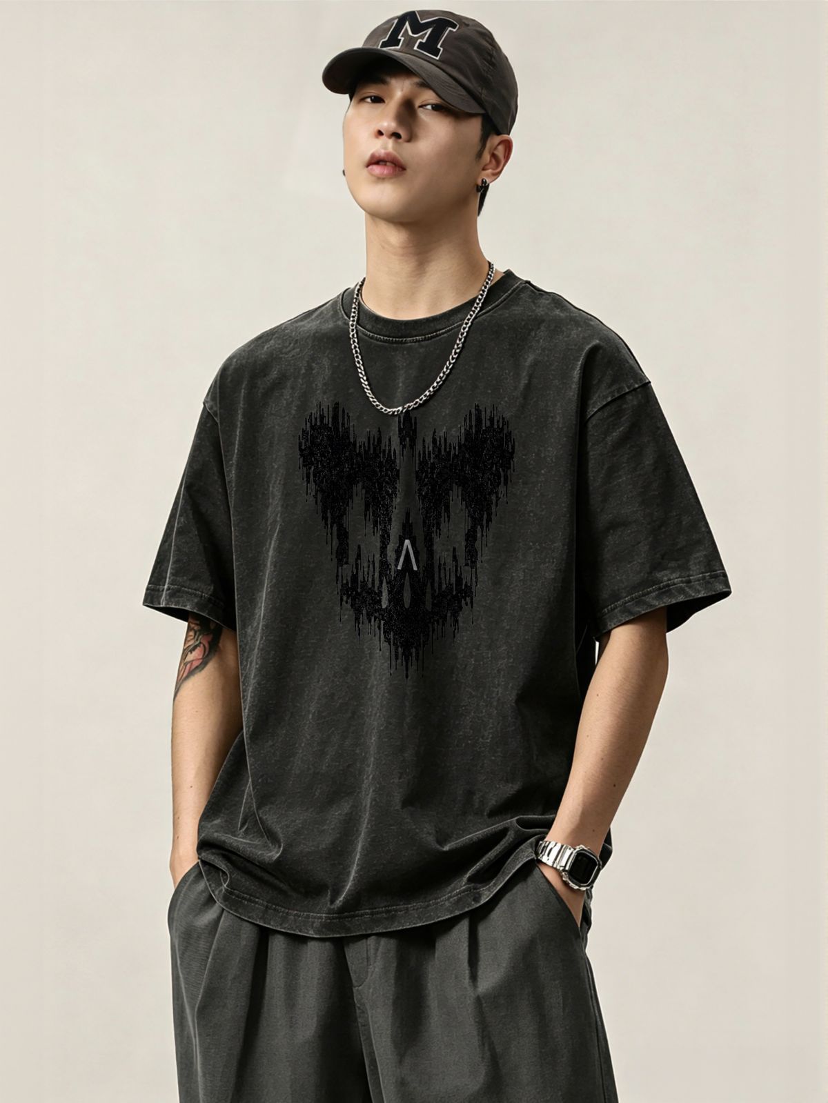 230g Washed Men T-Shirt Drip Glitter Heart Print Short Sleeve Crew Neck Casual Streetwear Top_viptrois.com
