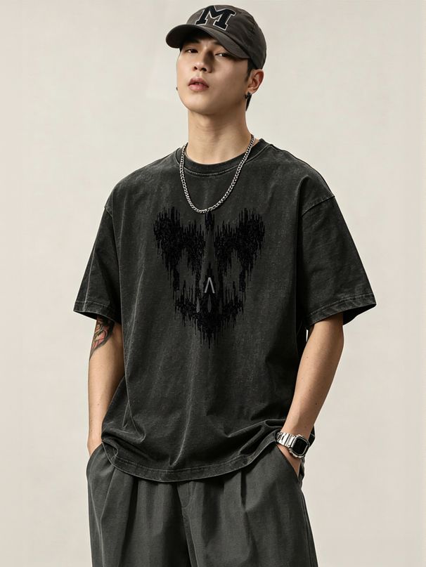 230g Washed Men T-Shirt Drip Glitter Heart Print Short Sleeve Crew Neck Casual Streetwear Top_viptrois.com
