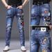 Men's Slim Straight Blue Distressed Jeans With Patchwork & Ripped Details For Spring & Summer_viptrois.com