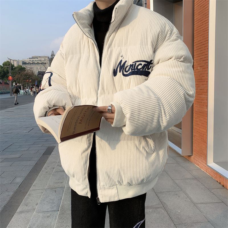 Men's Corduroy Padded Jacket - Winter Streetwear Bomber Coat With Embroidery & Stand Collar, Loose Fit, Warm Fleece Lining (Beige, Grey)_viptrois.com