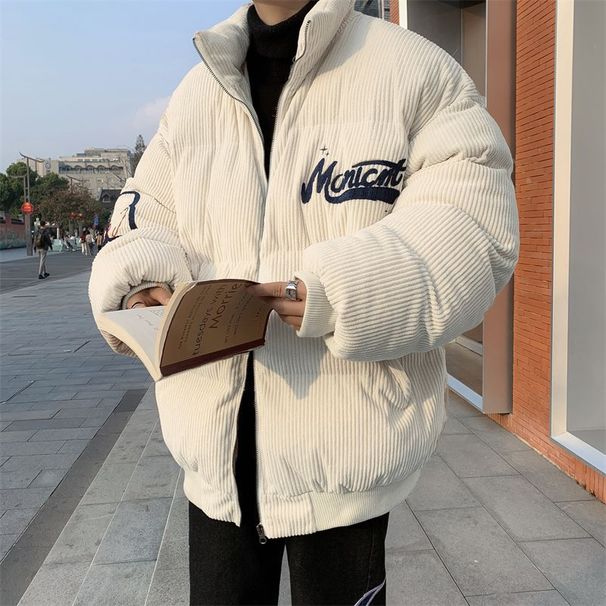 Men's Corduroy Padded Jacket - Winter Streetwear Bomber Coat With Embroidery & Stand Collar, Loose Fit, Warm Fleece Lining (Beige, Grey)_viptrois.com