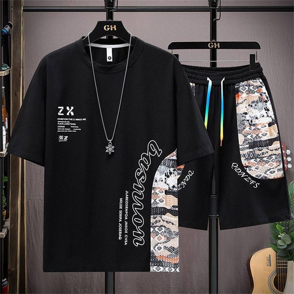Men's Clothing Men's Summer Patchwork Suit New Style Trend Casual Short-Sleeved T-Shirt Sports Shorts Two-Piece Suit_viptrois.com