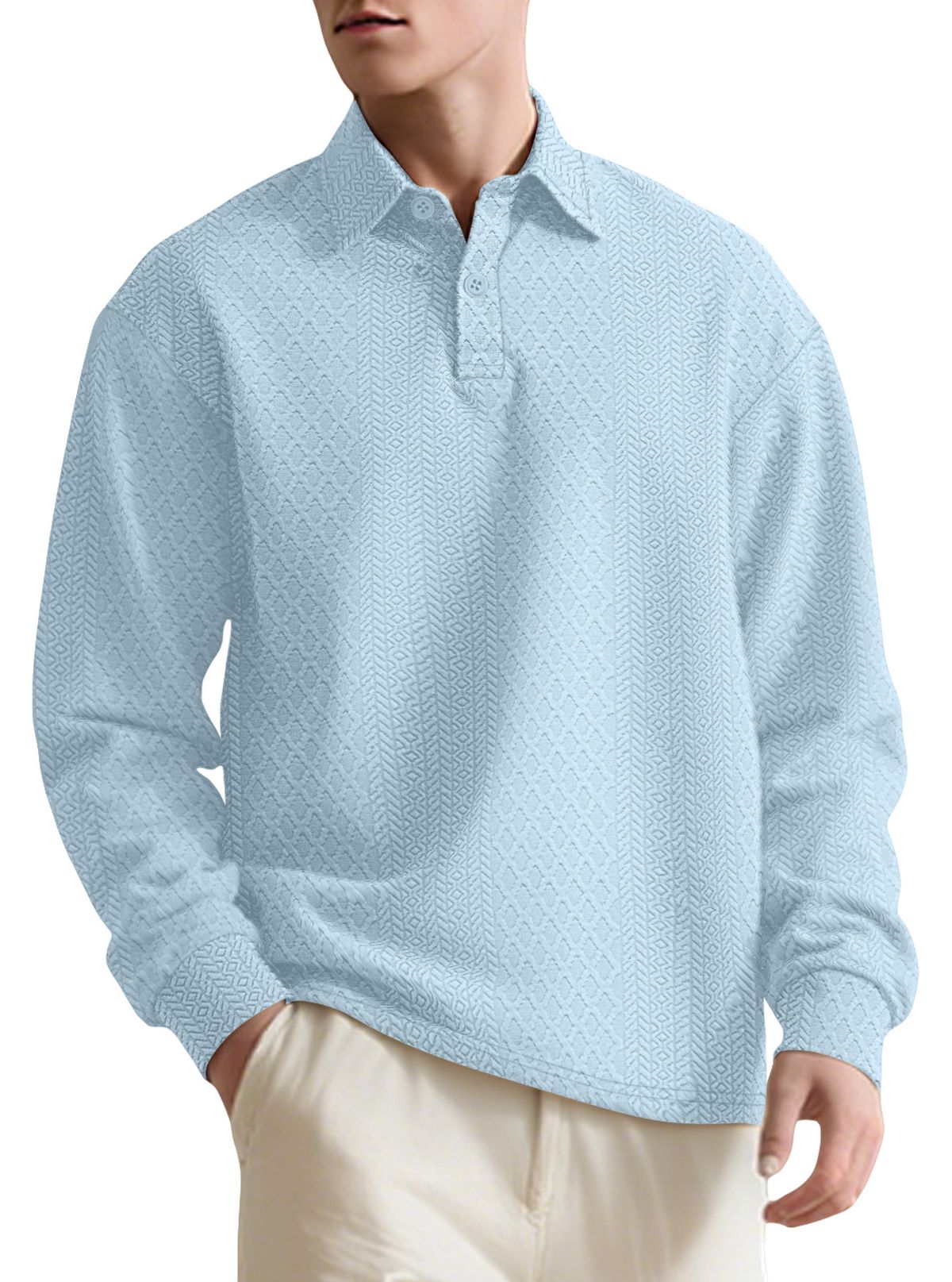Men's Clothing Texture Jacquard Solid Color Men's Long Sleeved Polo Shirt Foreign Trade Button New Lapel Loose Sweatshirt_viptrois.com