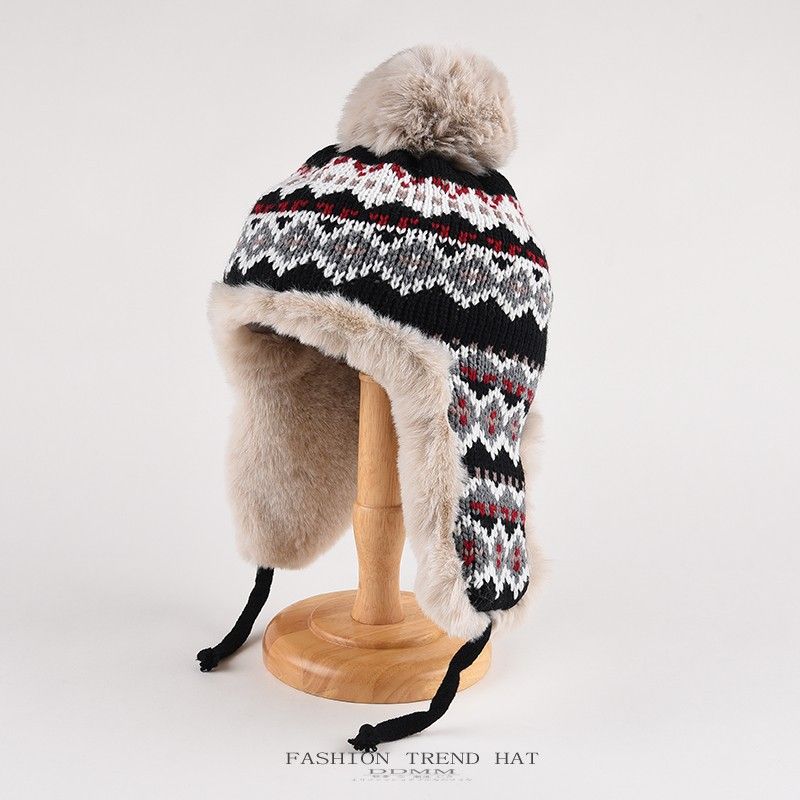 Trapper Hats Knitted Lei Feng hat for women autumn and winter warm with wool and thick ear protection hat ethnic wind jacquard wool hat_viptrois.com