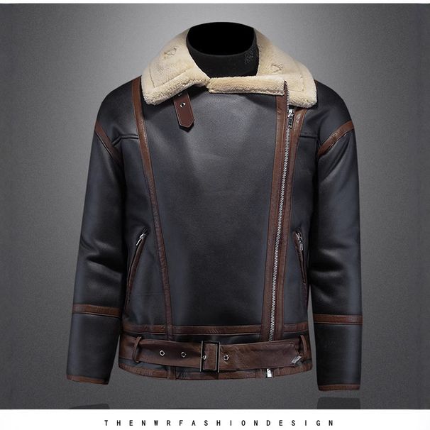 Cross Border Foreign Trade Large Size Autumn And Winter New Men's Fur One Piece Plush Thick Black Motorcycle Jacket_viptrois.com