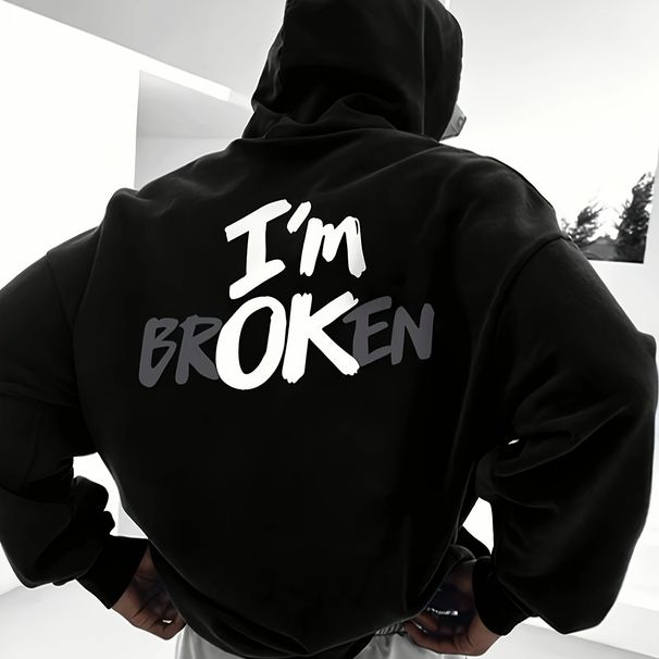 Men's Autumn And Winter Casual Fashion Loose Hooded Sweatshirt I'm BROKEN Letter Print Warm Long Sleeved Pullover_viptrois.com