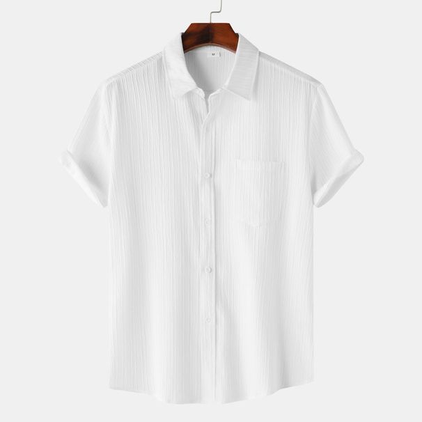 Cross-Border Supply Fashion European And American 2025 Summer New Men's Solid Color Turn-Down Collar Short Sleeve Shirt_viptrois.com