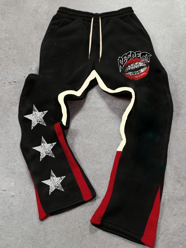 Men's Clothing Fashion Five Pointed Star Red Lips Casual Fashion Slightly Elastic Fabric Flared Pants All Match_viptrois.com