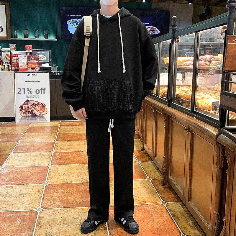 suit Men's National Style Suit Loose Hooded Sweater Loose Suit Men's Straight Wide-leg Trousers_viptrois.com