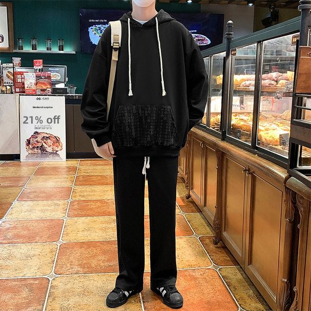 suit Men's National Style Suit Loose Hooded Sweater Loose Suit Men's Straight Wide-leg Trousers_viptrois.com