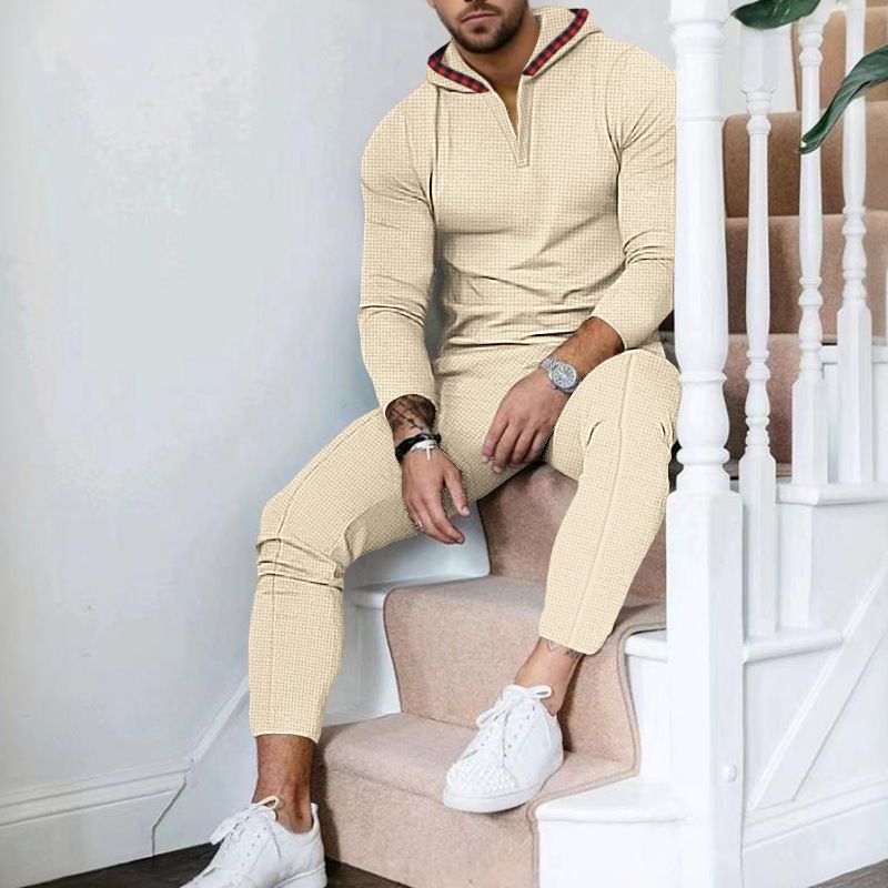 Men's Casual Suit Solid Color Waffle Knit Hooded Long Sleeved Top With Pants Two Piece Set_viptrois.com