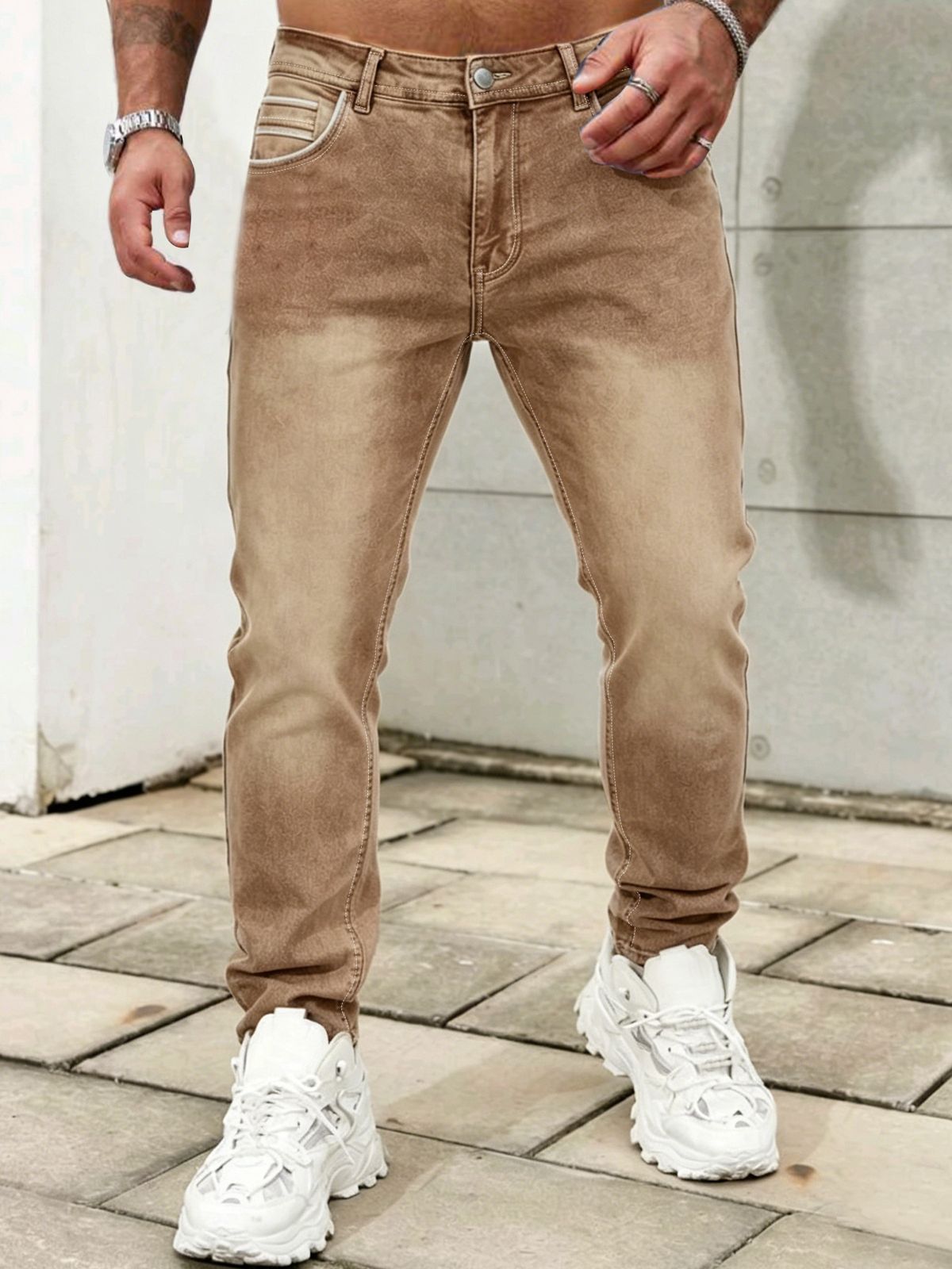 Men's Slim Straight Leg Retro Jeans With Leather Patch, Dark Coffee, Stretch Denim Comfort Fit Versatile Wardrobe Essential_viptrois.com