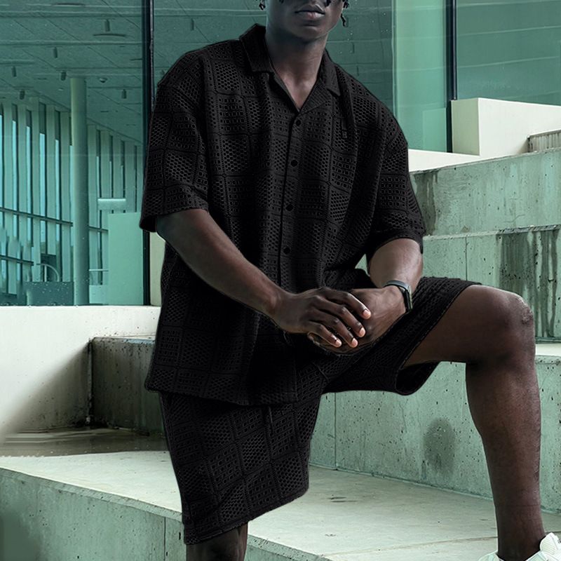 Men's Spring/Summer Openwork Design Collared Button Shirt Loose Casual Shorts Suit_viptrois.com