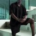 Men's Spring/Summer Openwork Design Collared Button Shirt Loose Casual Shorts Suit_viptrois.com